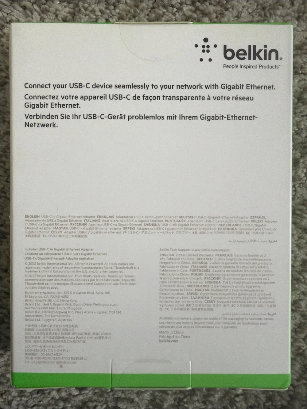 NEW Belkin USB-C to Gigabit Ethernet Adapter - Brand New In Box